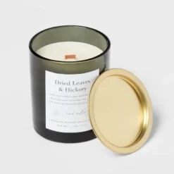 Clear Colored Glass With Woodwick And Brass Metal Inset Lid Dried Leaves + Hickory Candle Green - Threshold™ -Threshold GUEST 05b6d262 797f 4785 845b ae77677bb543