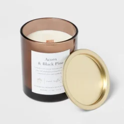 Clear Colored Glass With Woodwick And Brass Metal Inset Lid Acorn + Black Pine Candle Brown - Threshold™ 5 Clear Colored Glass With Woodwick And Brass Metal Inset Lid Acorn + Black Pine Candle Brown - Threshold™ -Threshold GUEST e82cdb94 c293 4984 b5b6 1ca170680739